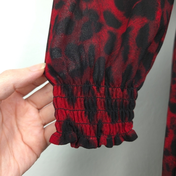 Michael Kors Red & Black Leopard Chiffon Long Sleeve Mini A-Line Dress - Picture 6 of 8
